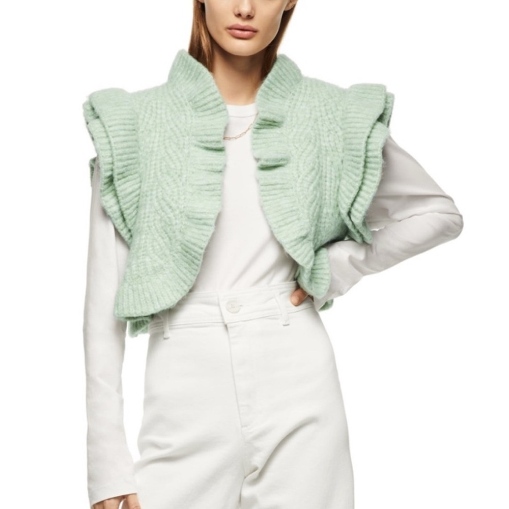 Zara Ruffled Sleeveless Open-front Cardigan Vest Whimsy Fairy Green Womens Med